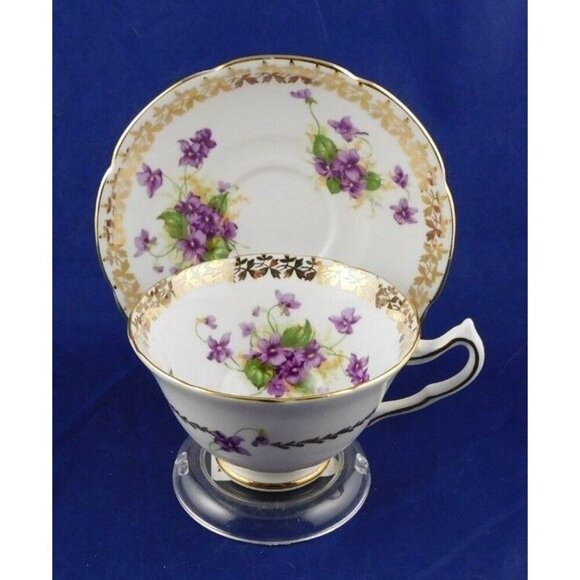 Collingwoods Purple Violets Wide Mouth Tea Cup & Saucer - Picture 1 of 7